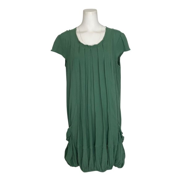 April Cornell Pleated Dress L Green Cap Sleeve Pockets Mini Cottagecore Coastal - Picture 1 of 12